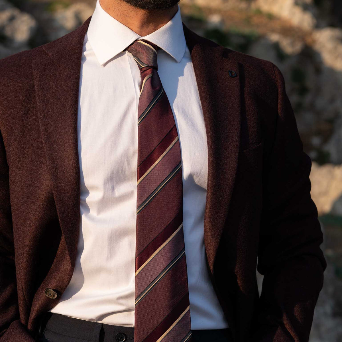 Italian designer burgundy striped silk tie