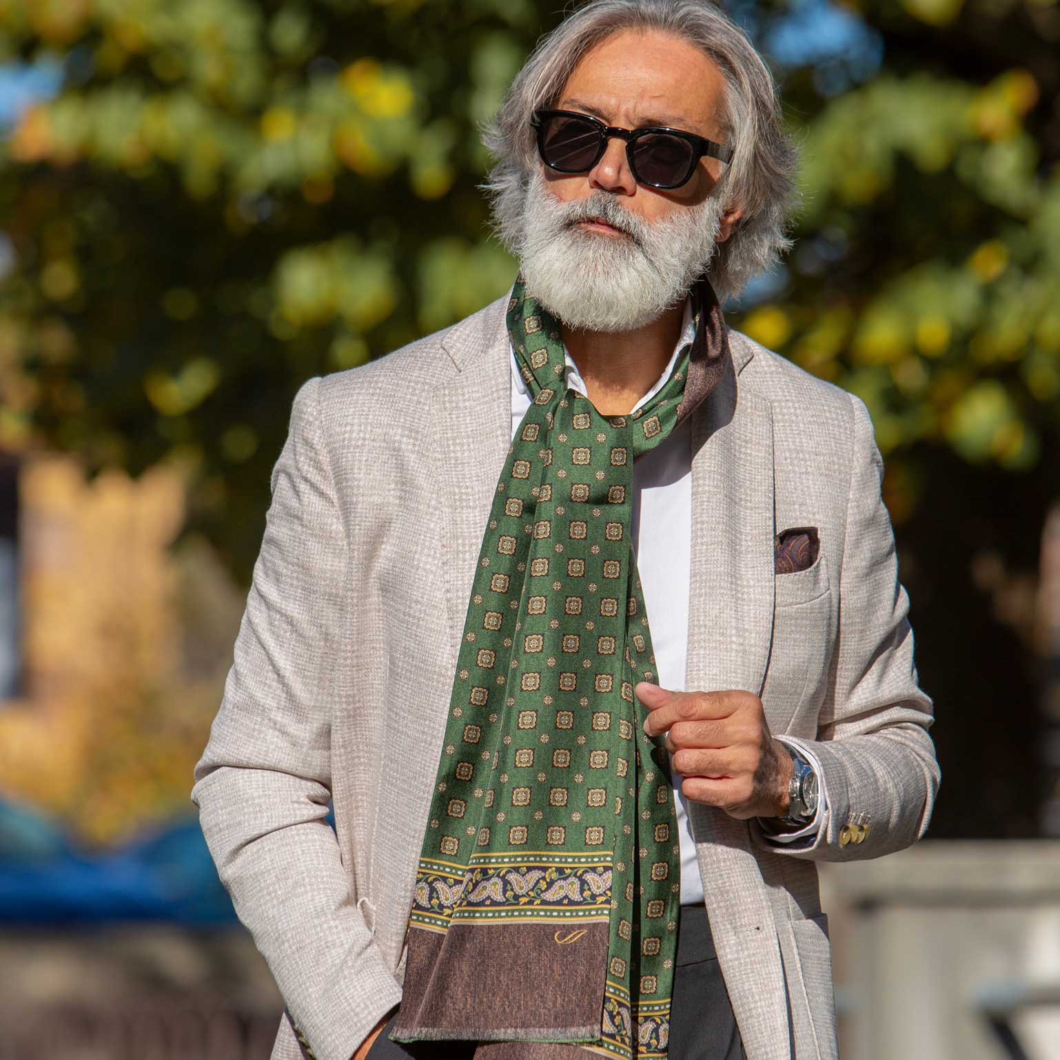 Green Italian designer silk scarf for men