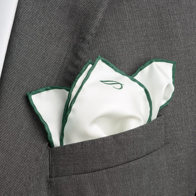 Italian White Dark Green Silk Pocket Square