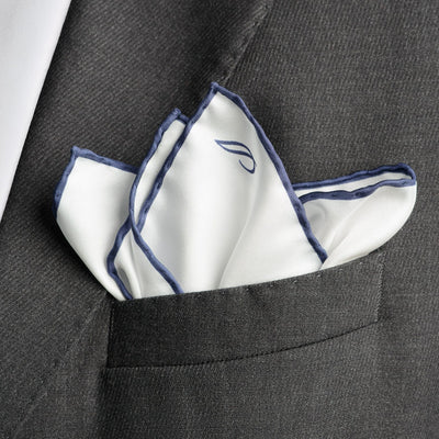 Italian White Navy Silk Pocket Square