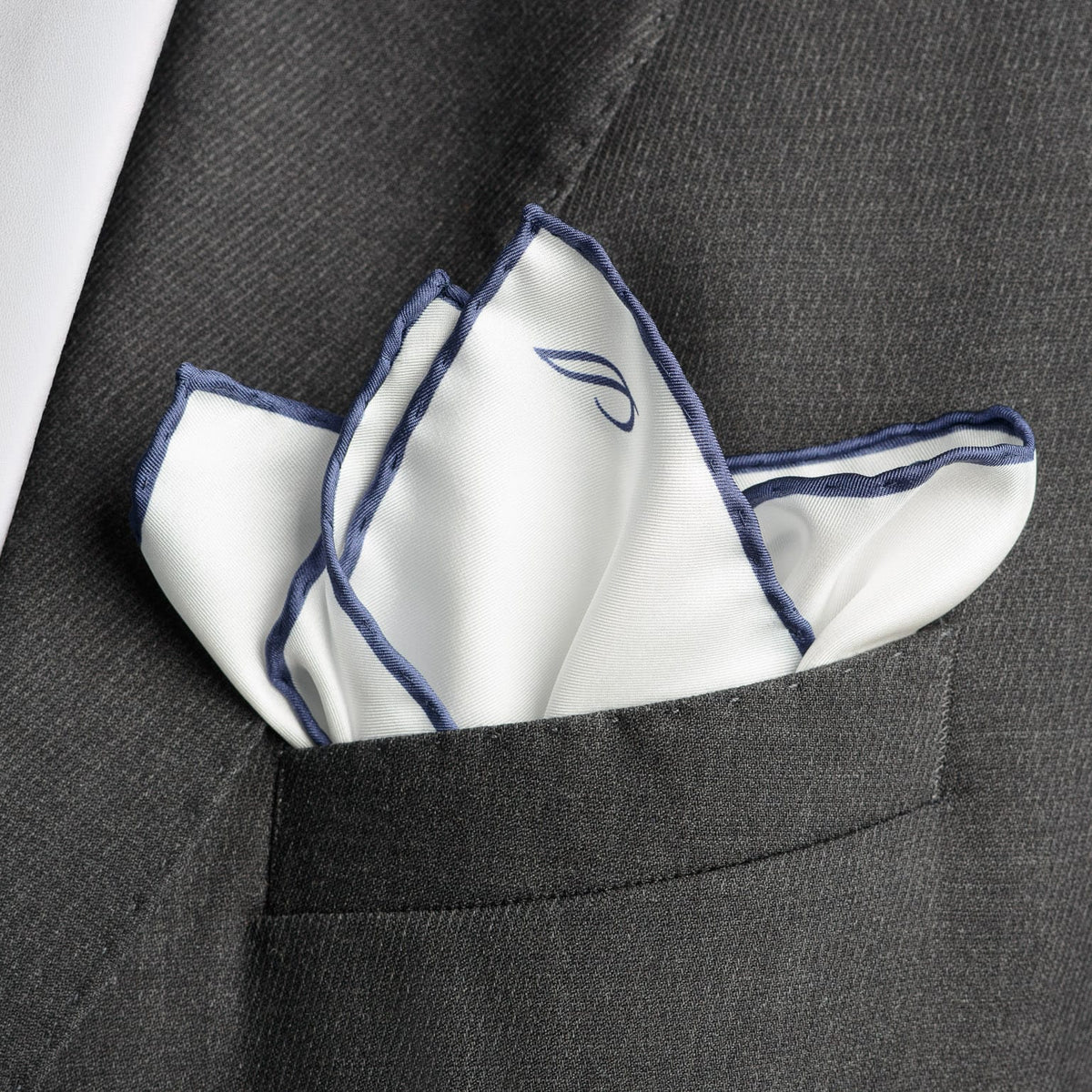 Italian White Navy Silk Pocket Square