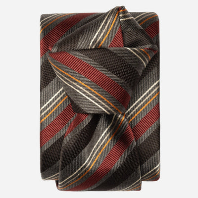 Burgundy and Grey Woven Striped Silk Tie