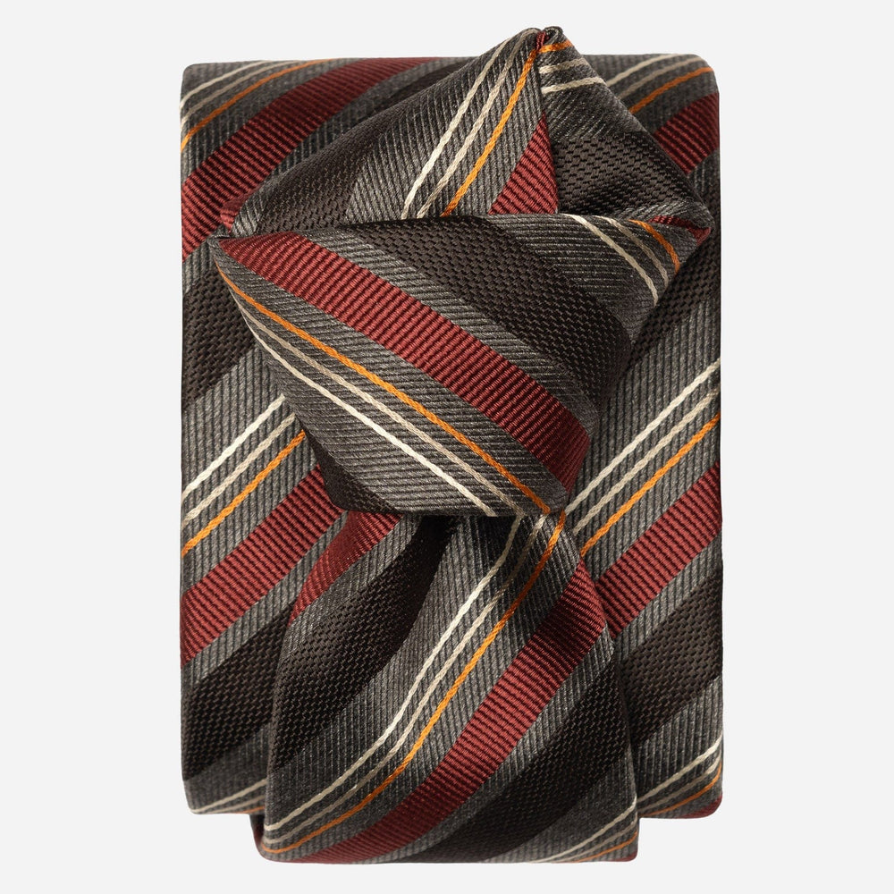 Burgundy and Grey Woven Striped Silk Tie