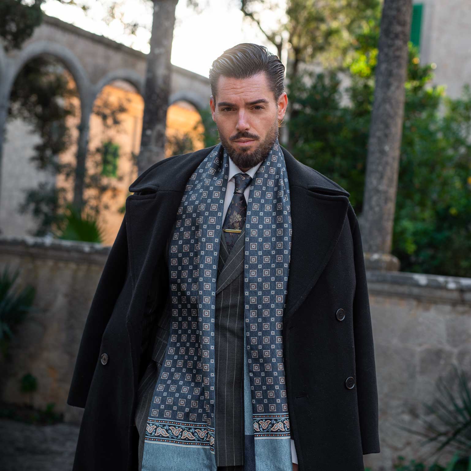 Handmade blue silk doubled sided Men's scarf