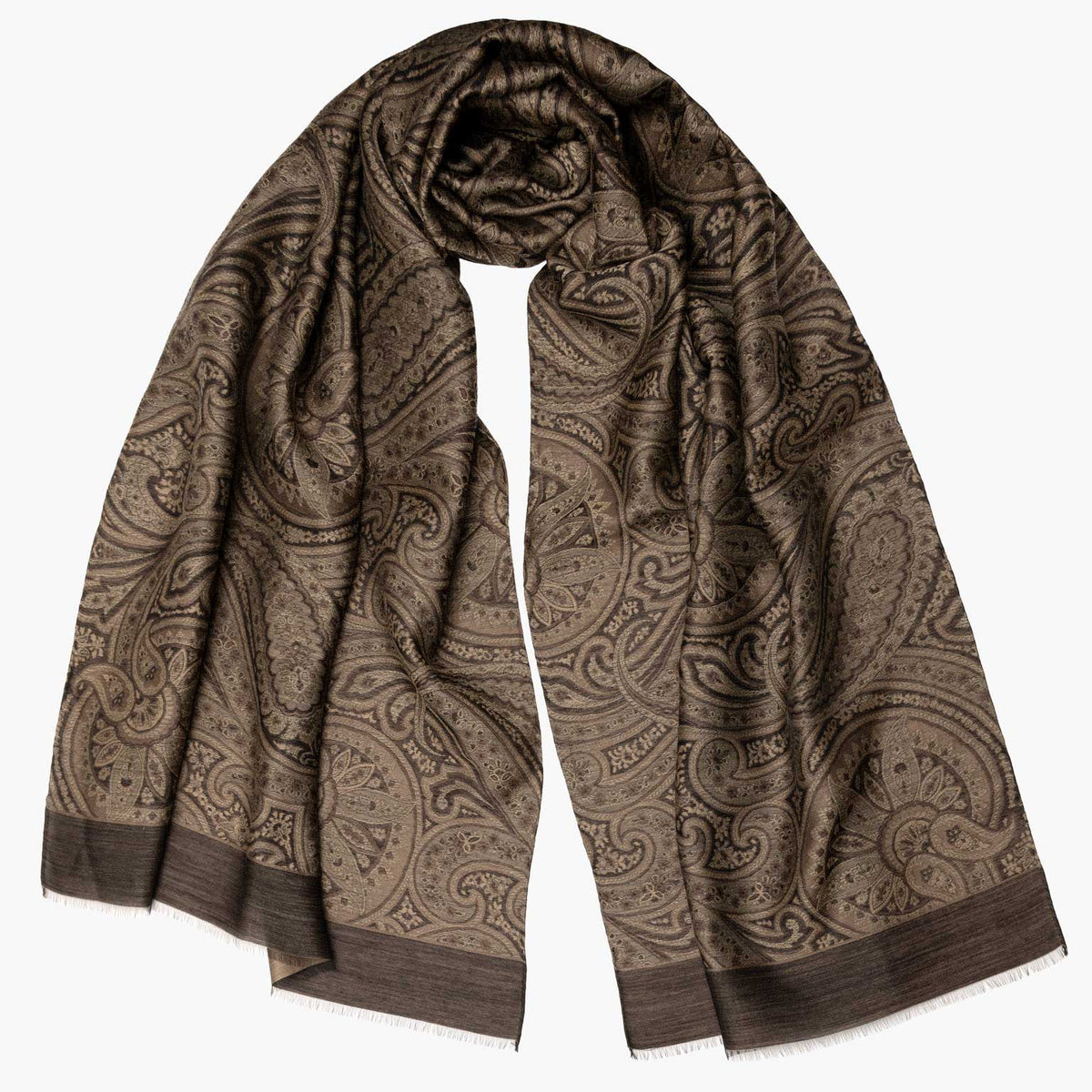 Oak Brown Paisley Italian Wool Silk Scarf