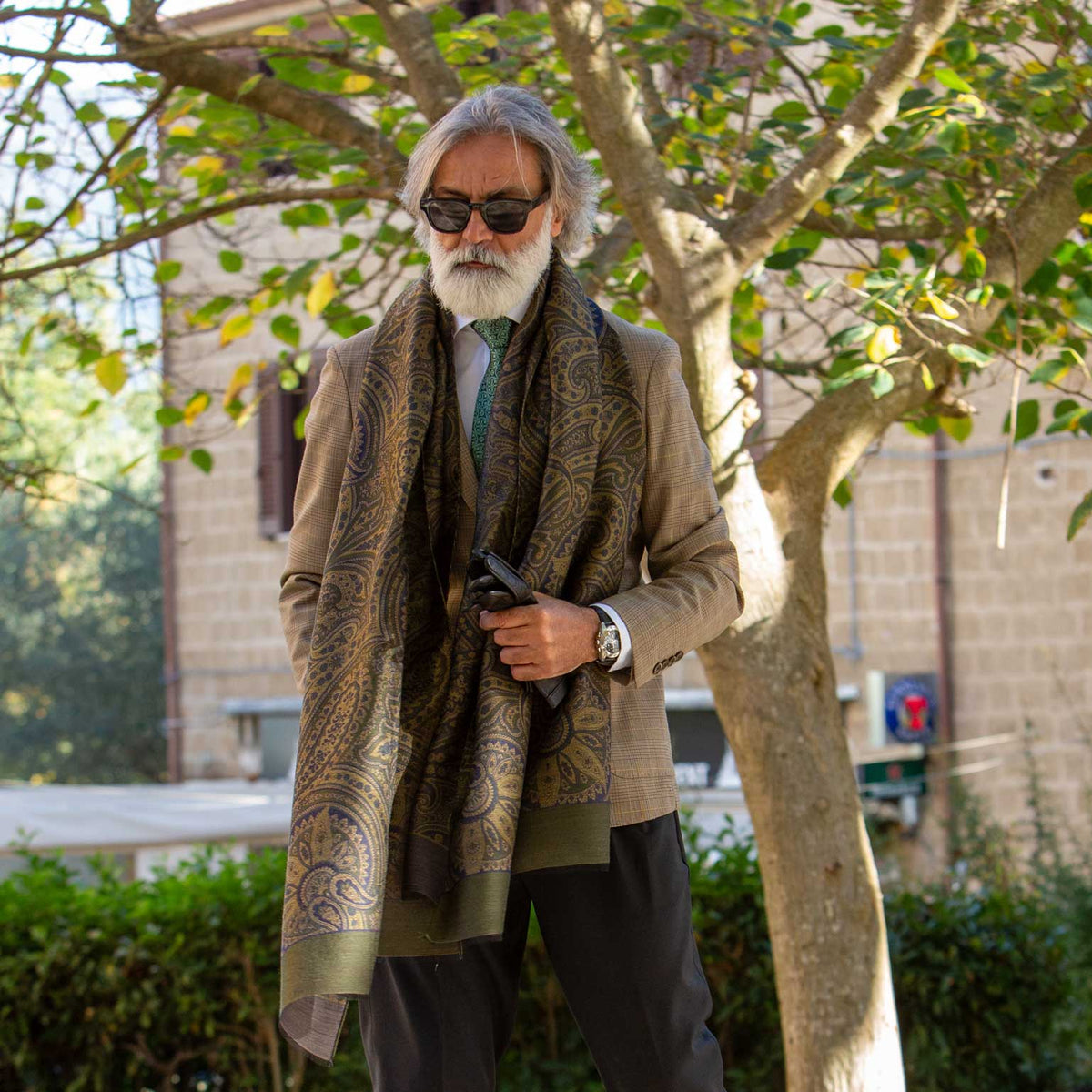 Green Paisley Italian Wool Silk Scarf