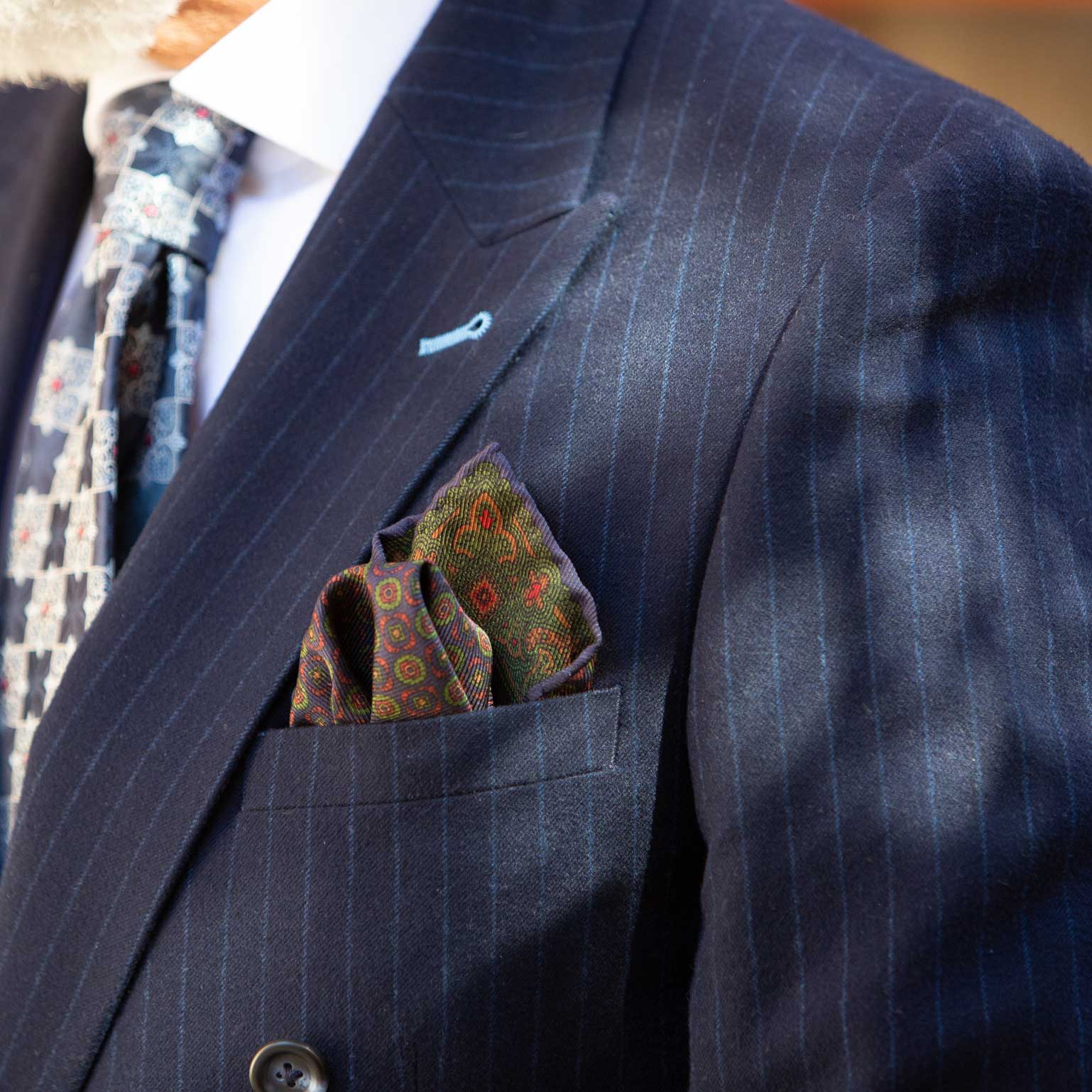Navy Green Madder Silk Pocket Square