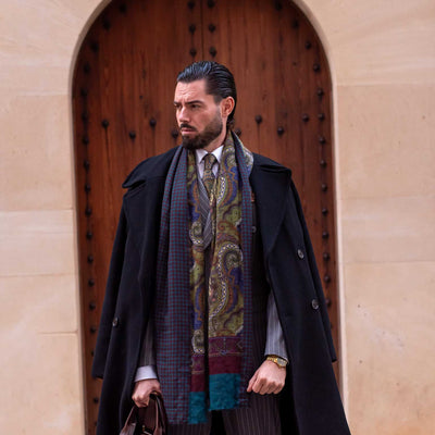 Men's large soft patterned wool scarf from Italy