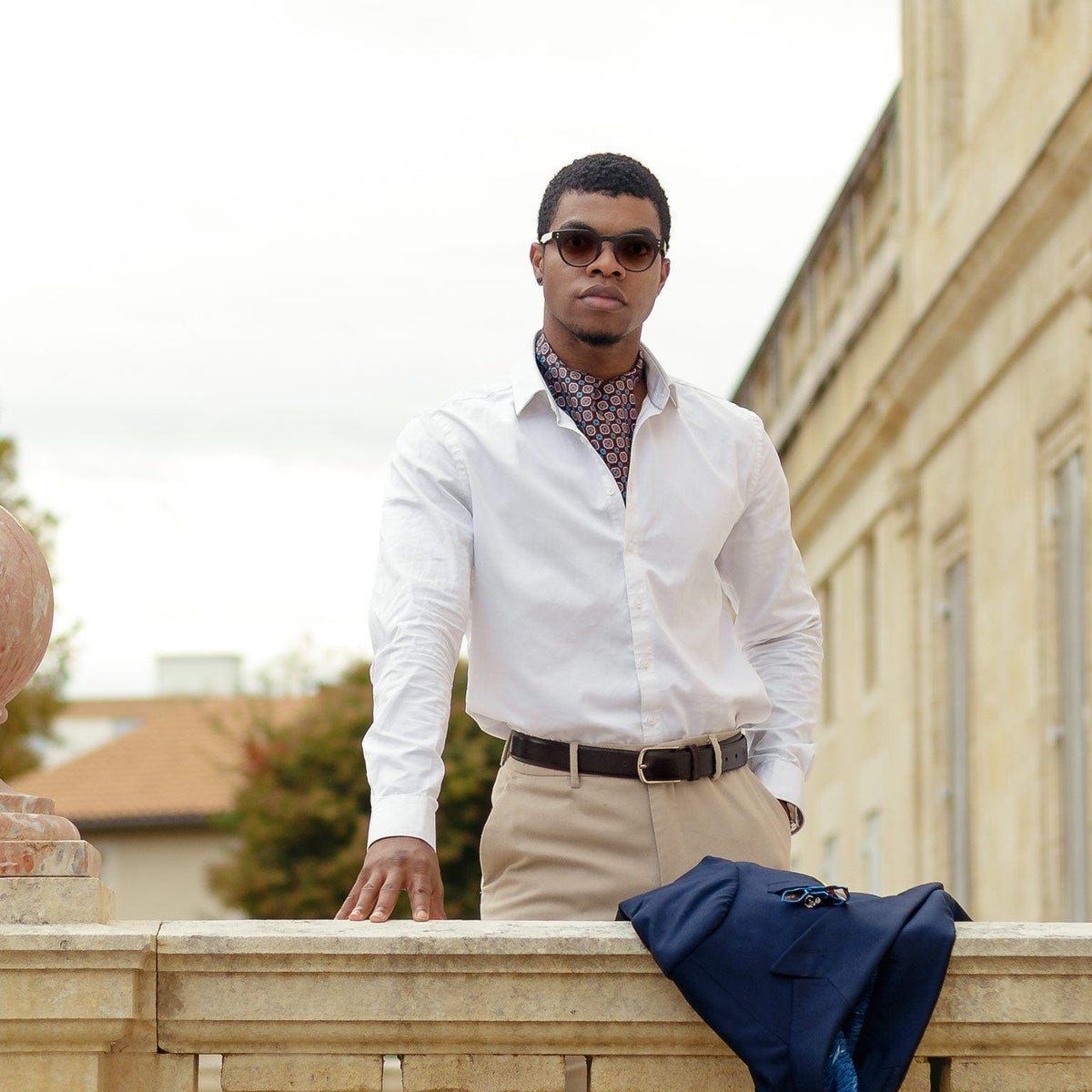 navy and blue silk ascot tie