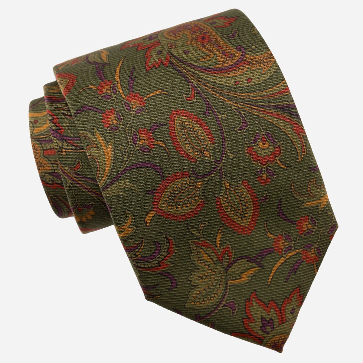 Olive Green Floral Italian Madder Silk Tie