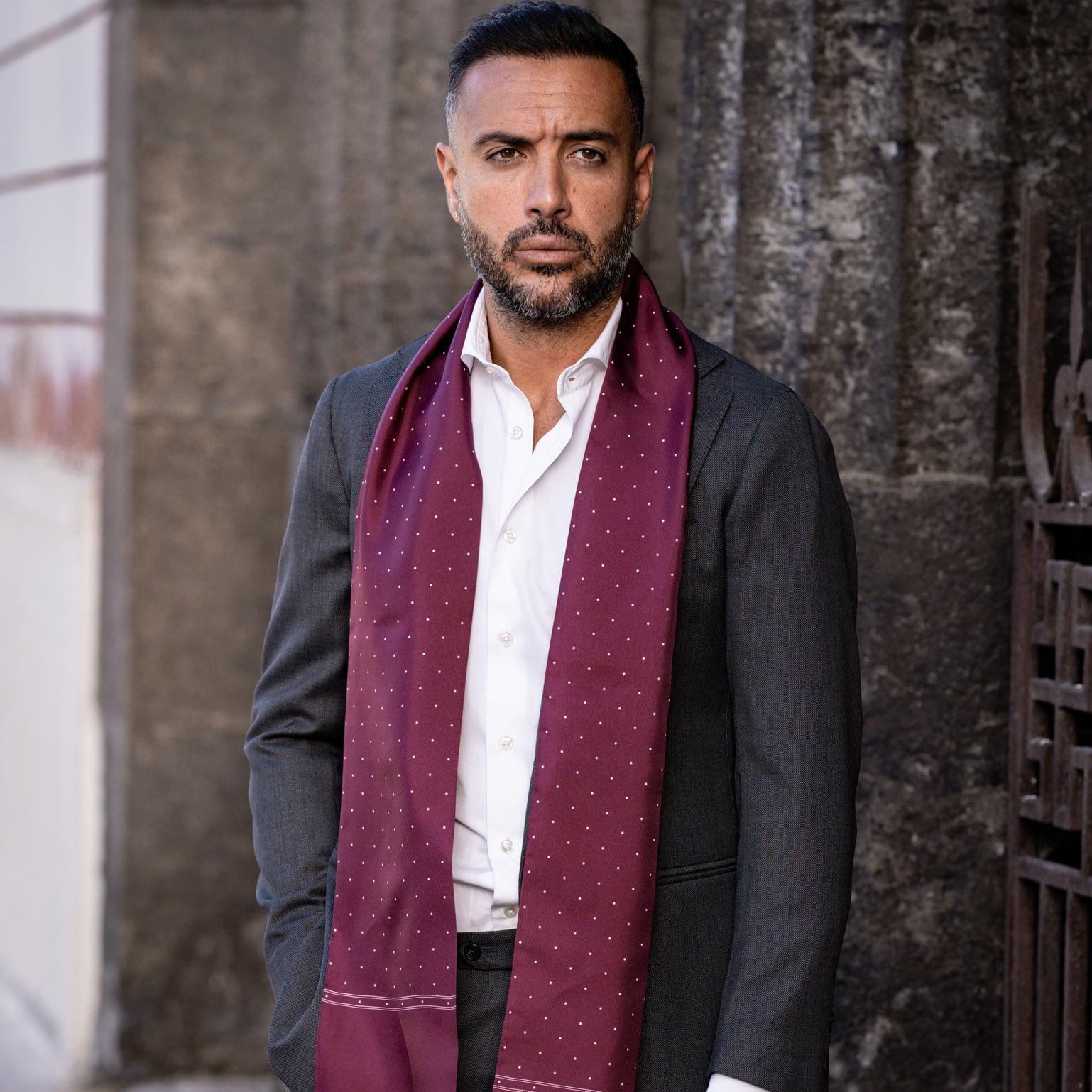 Mens Burgundy Polka Dot Silk Scarf - Italian