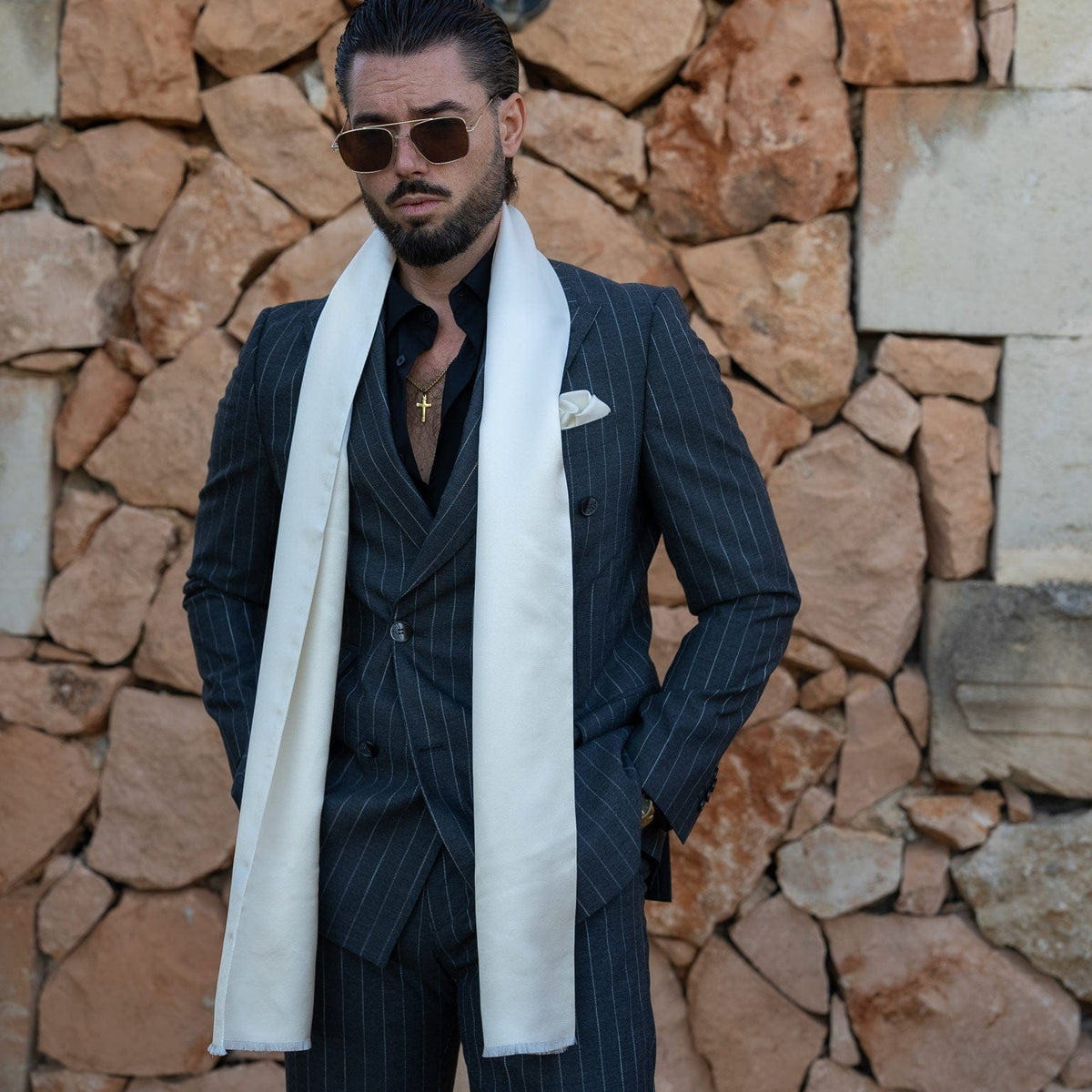 Luxury men&#39;s white Italian silk satin opera tuxedo scarf