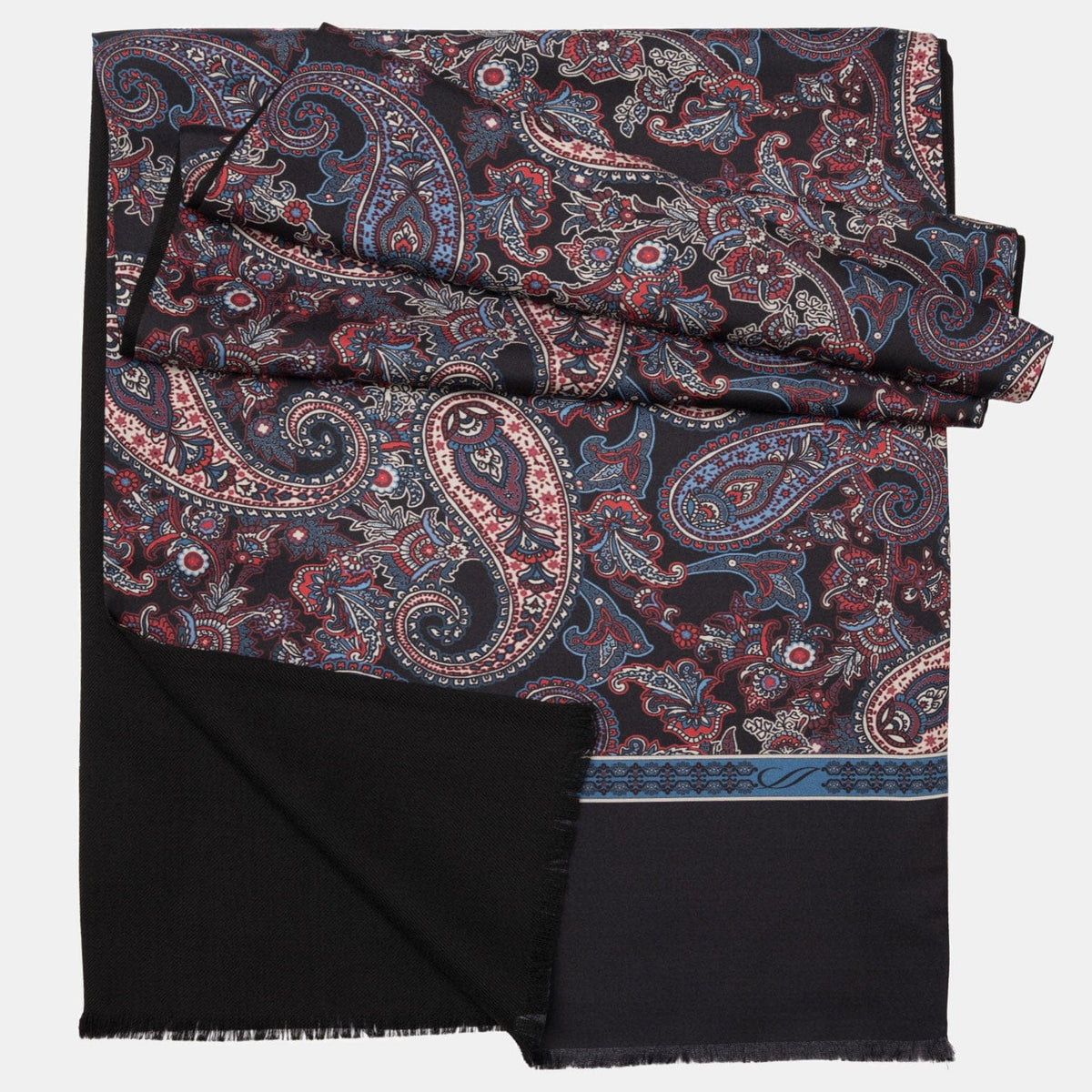 Black Blue &amp; Red Paisley Silk Wool Scarf