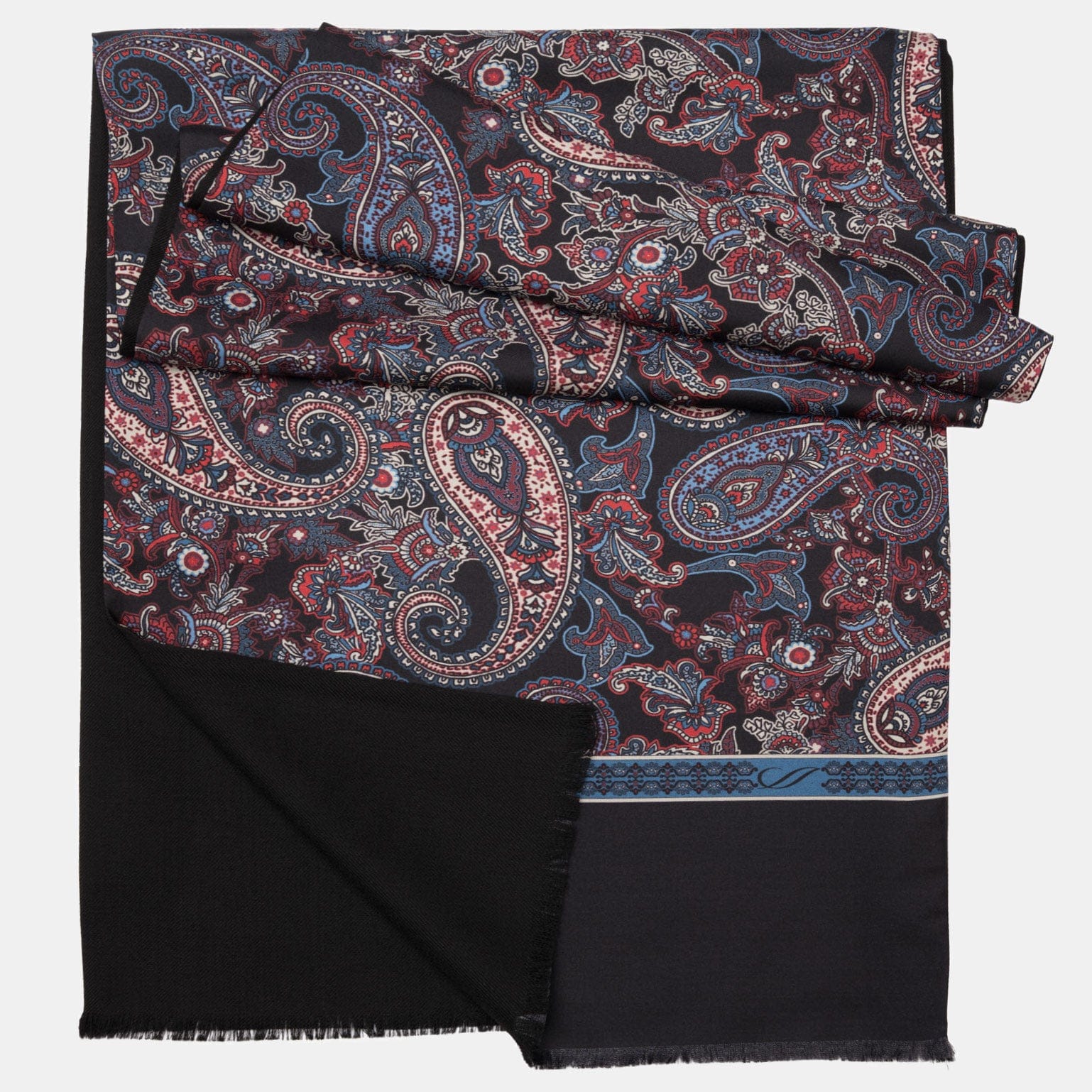 Black Blue & Red Paisley Silk Wool Scarf