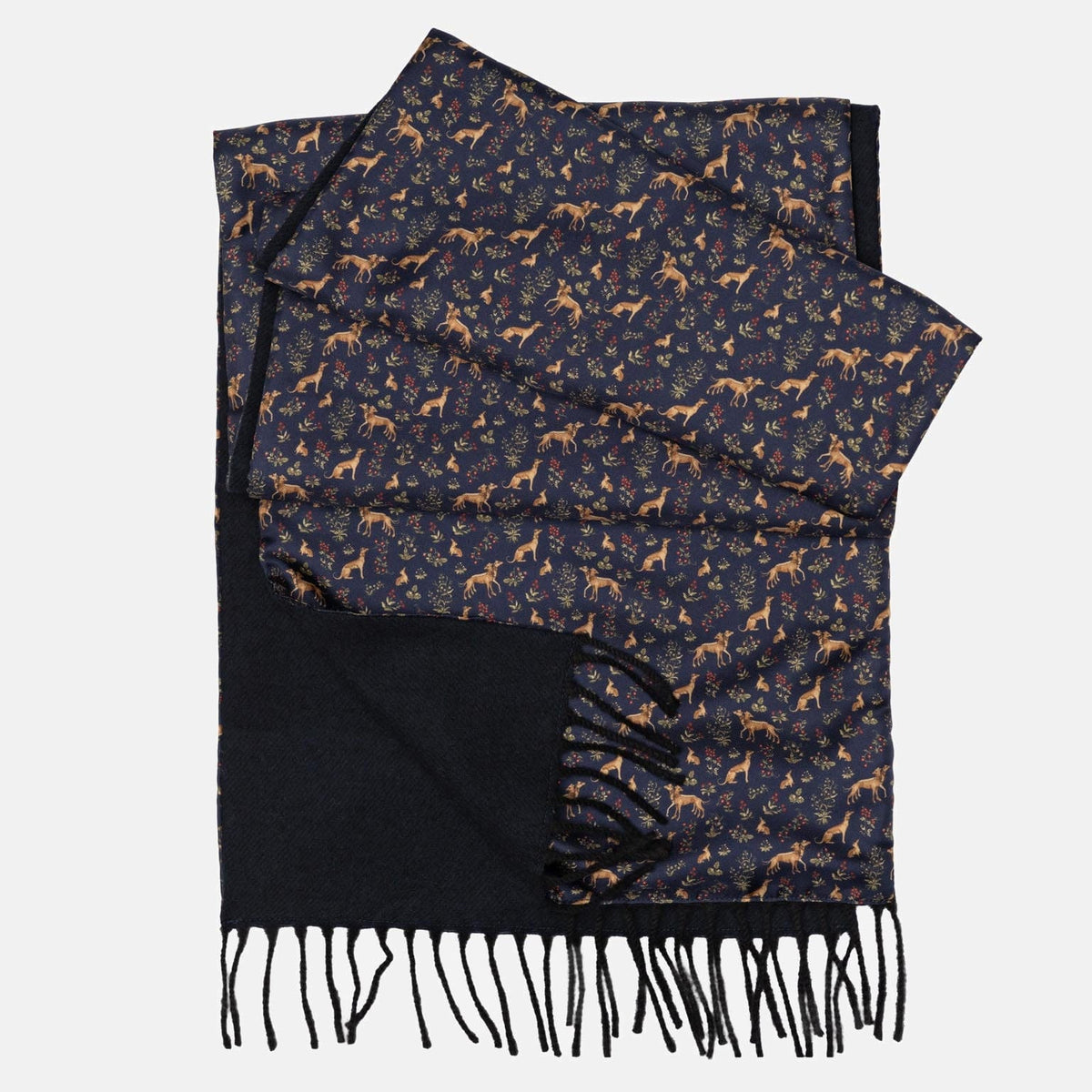 Hound Print Navy Italian Silk Wool Scarf