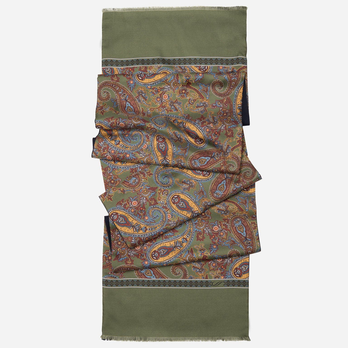 Olive Green Paisley Italian Silk Wool Scarf