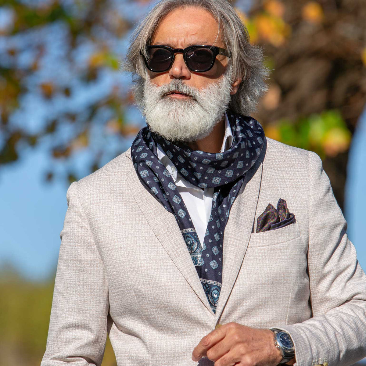 Luxury navy blue silk scarf for men