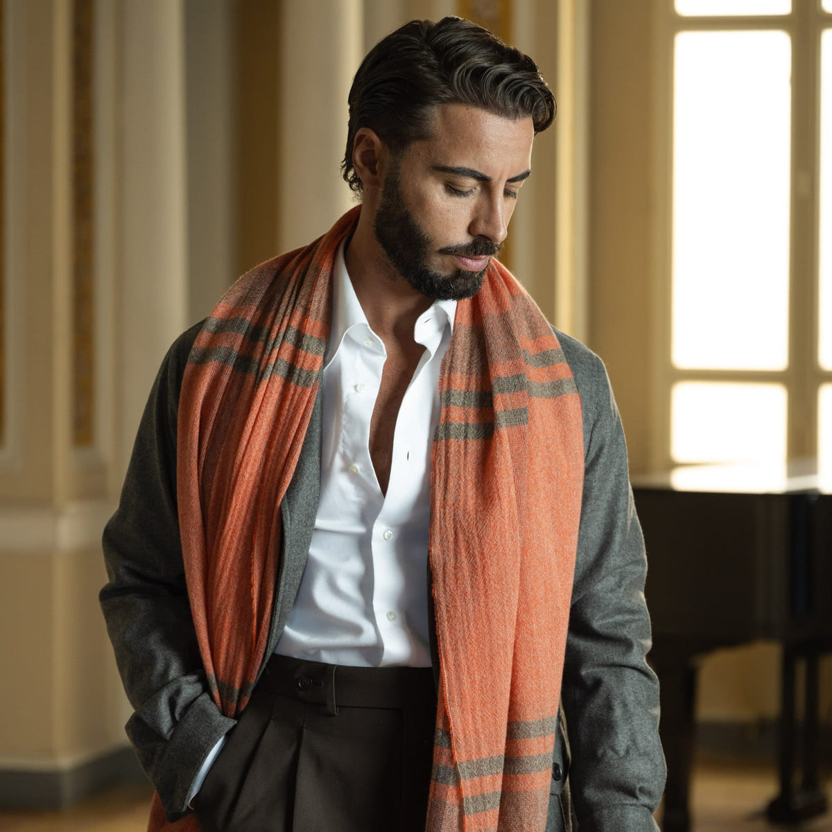 Orange Plaid 100% Italian Cashmere Scarf