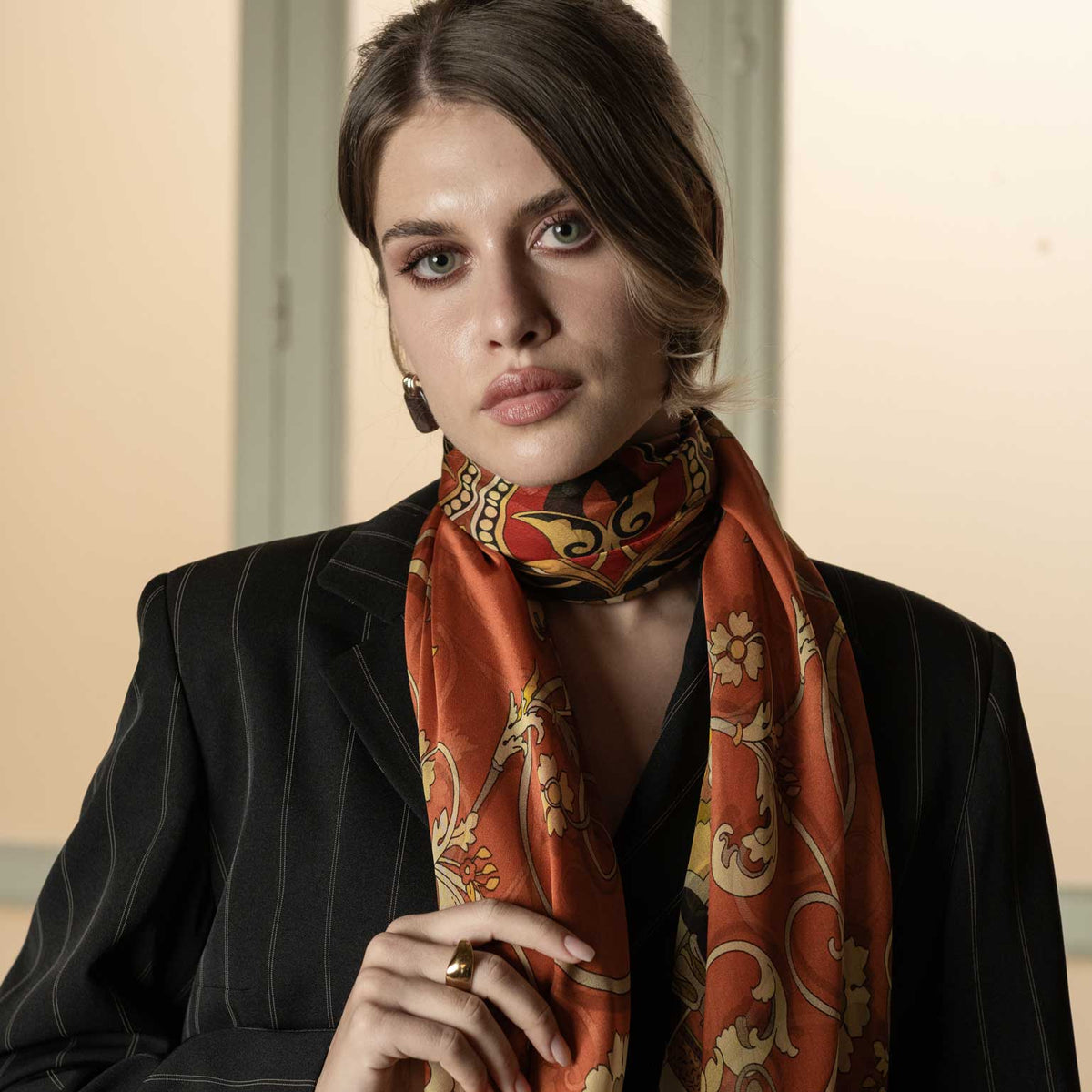 Orange Floral Silk Large Shawl Wrap