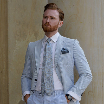 Handmade Sky Blue Floral Italian Silk Tie