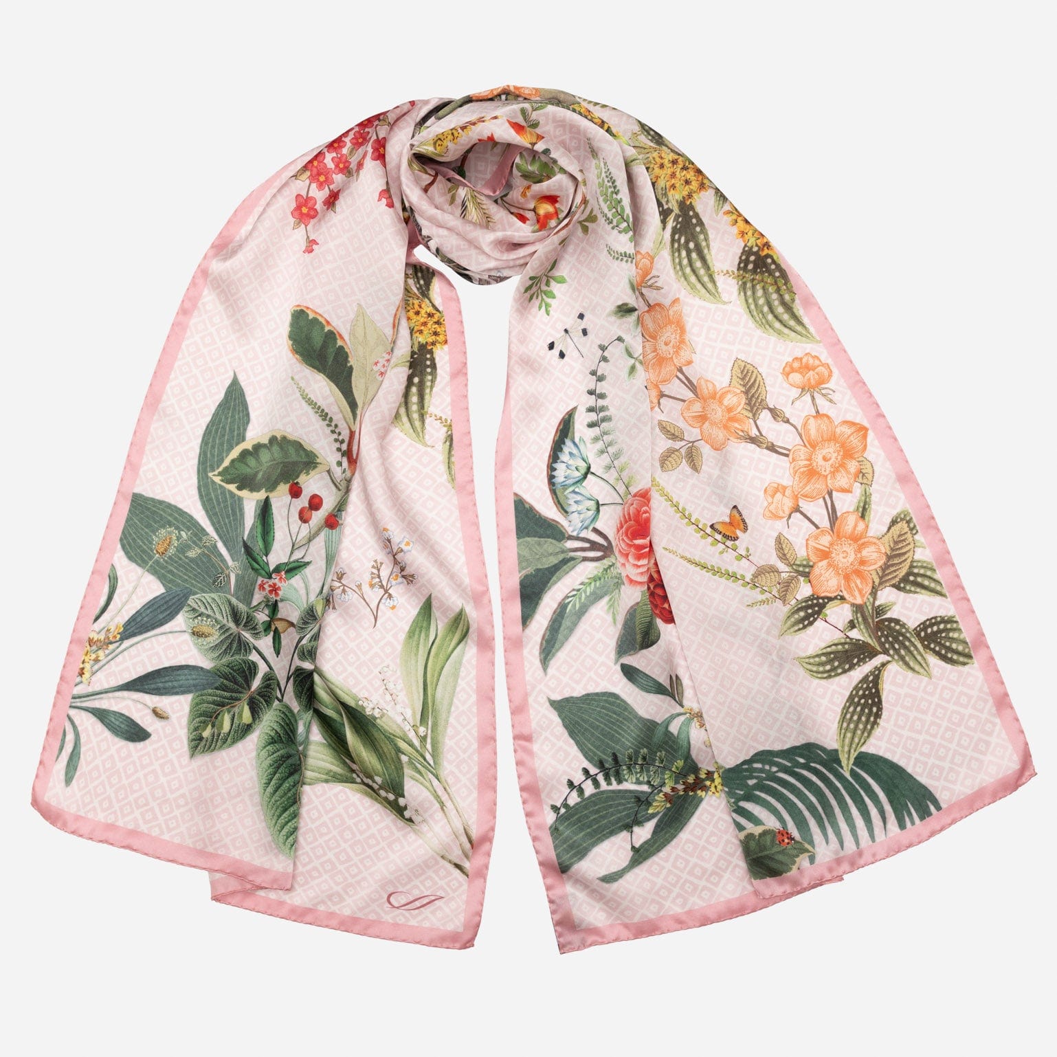 Pink Floral Italian Silk Satin Long Scarf