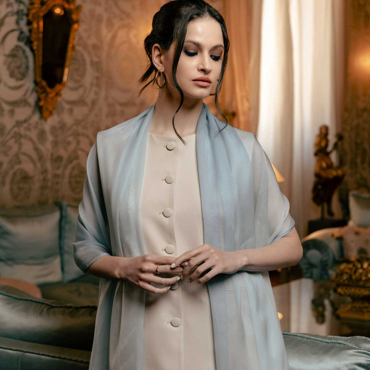 Luxury dusty blue sheer silk evening scarf