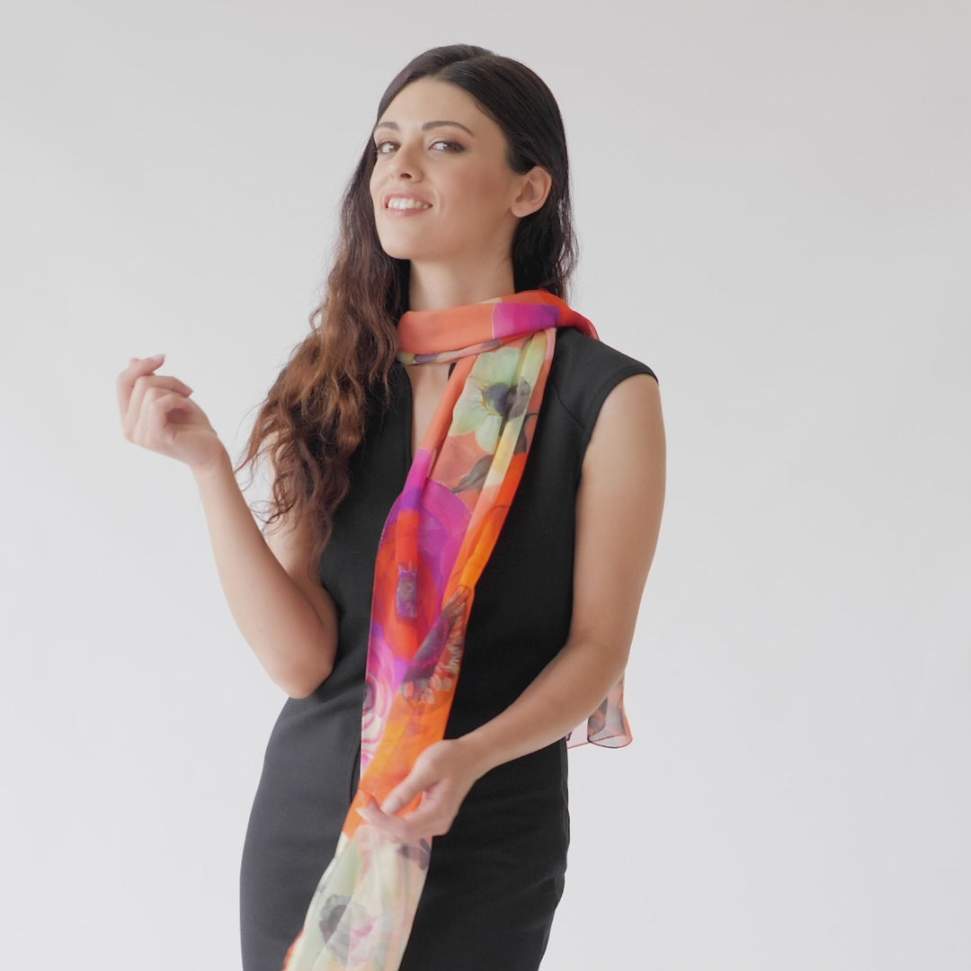 Womens Long Silk Scarf - Coral Floral Print