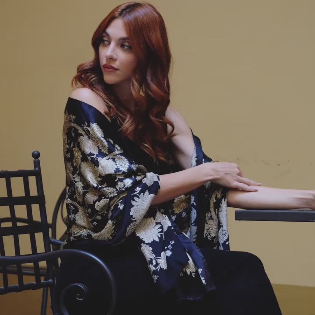 Italian Silk Satin Evening Shawl - Black & Gold