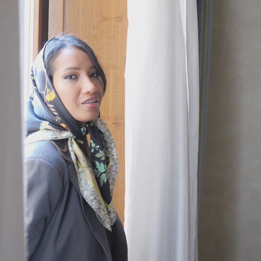 Black Botanical Print Italian Silk Scarf