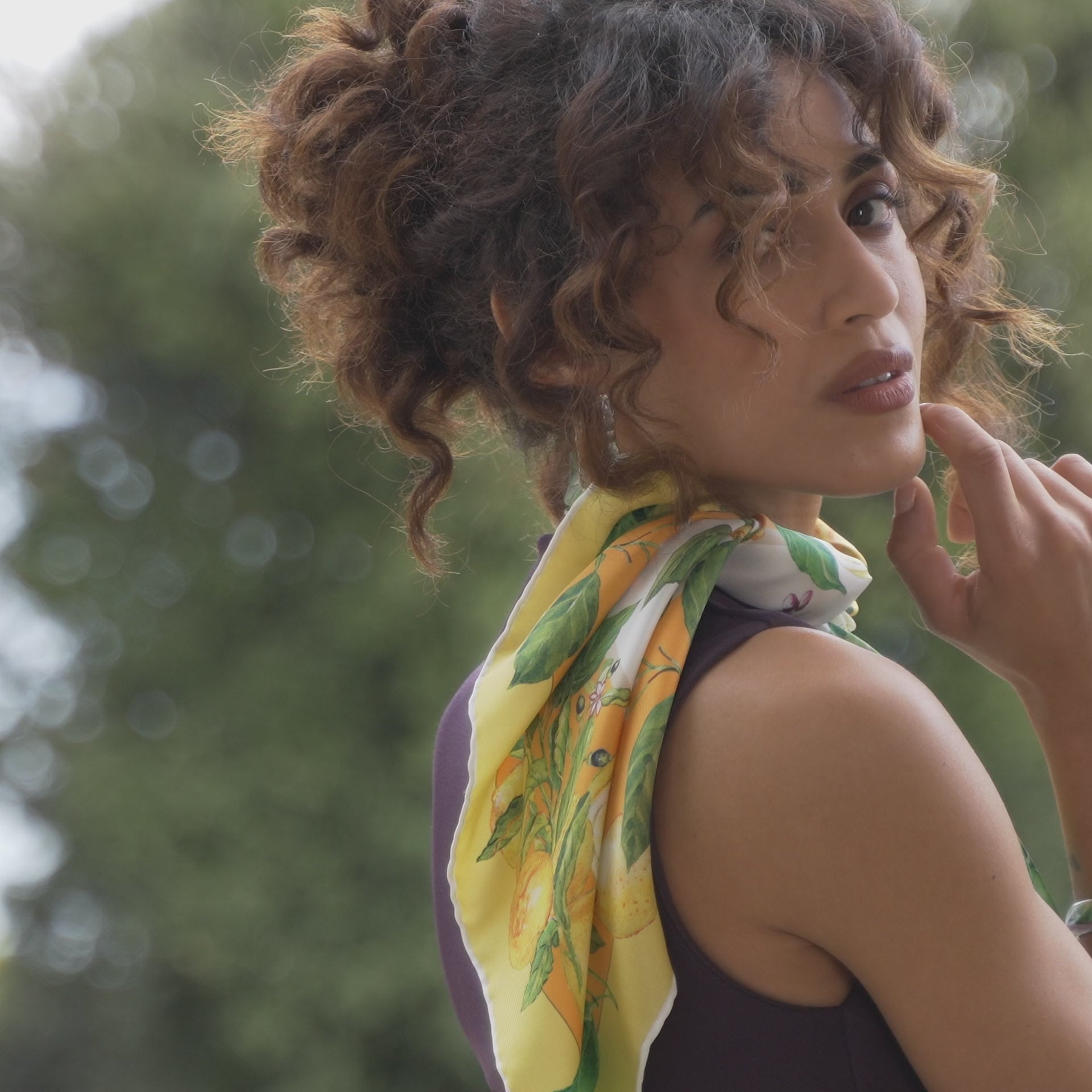 Women's yellow lemon silk scarf