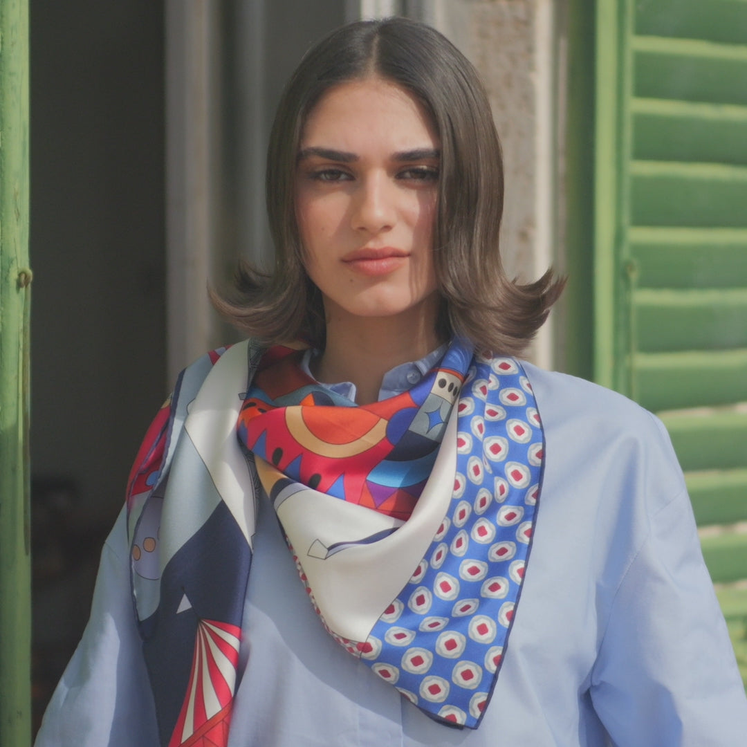 Italian Red and Blue Silk Square Scarf