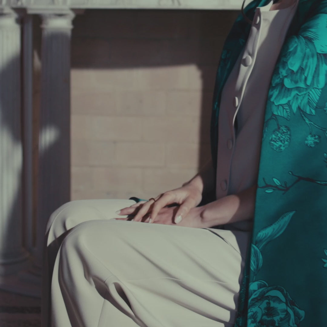 Green Floral Silk Evening Shawl