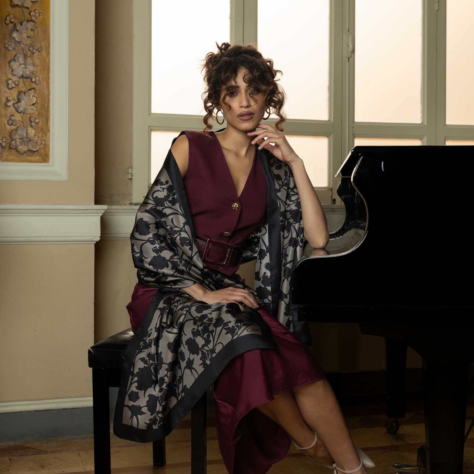 Black and grey Italian silk shawl