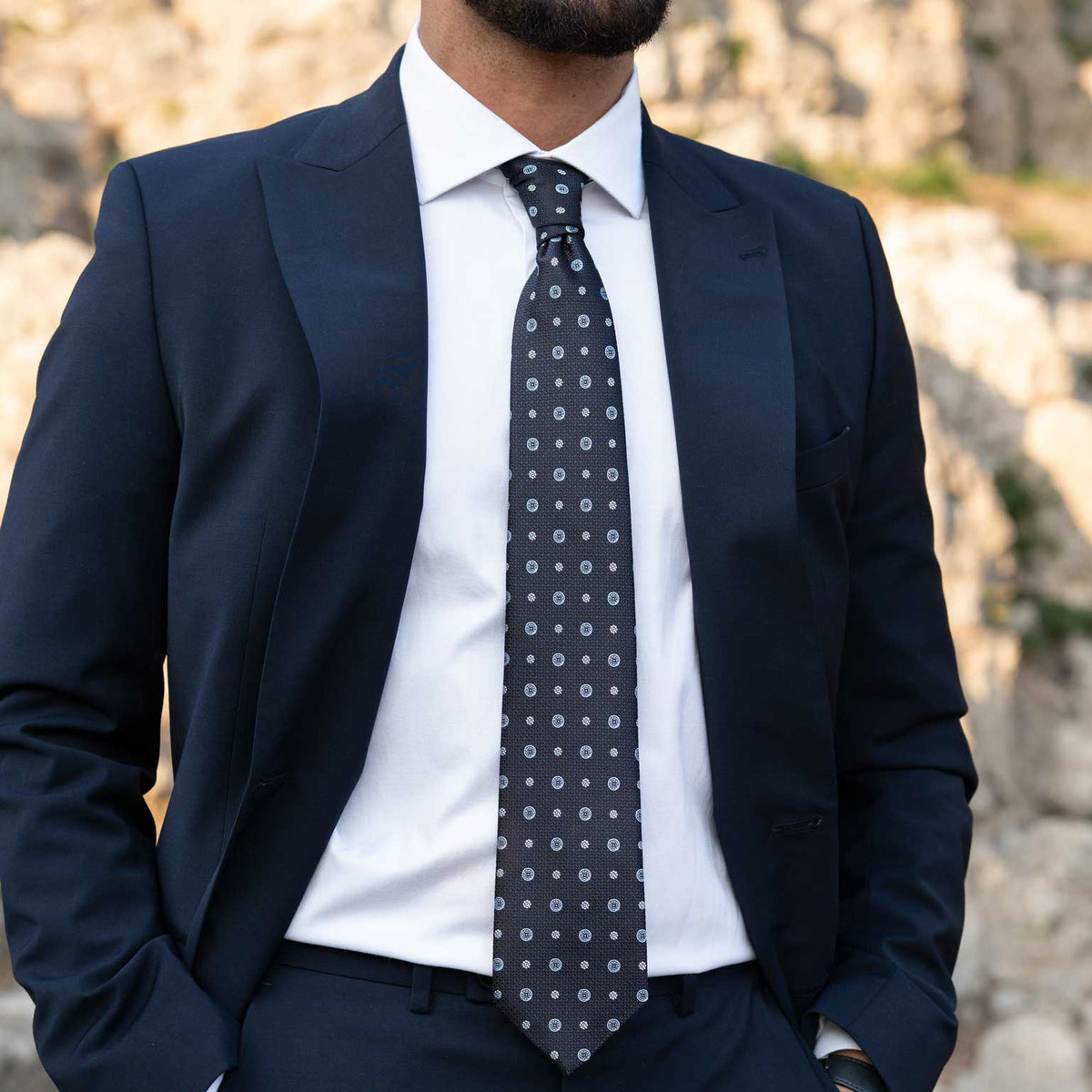 Handmade Italian designer dark navy silk tie