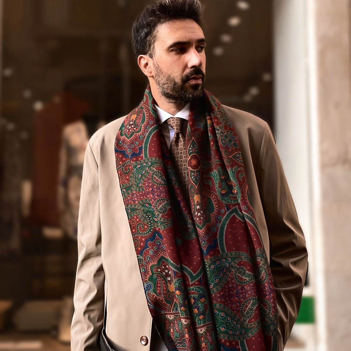 Lightweight Italian Wool Scarf - Dark Red Paisley