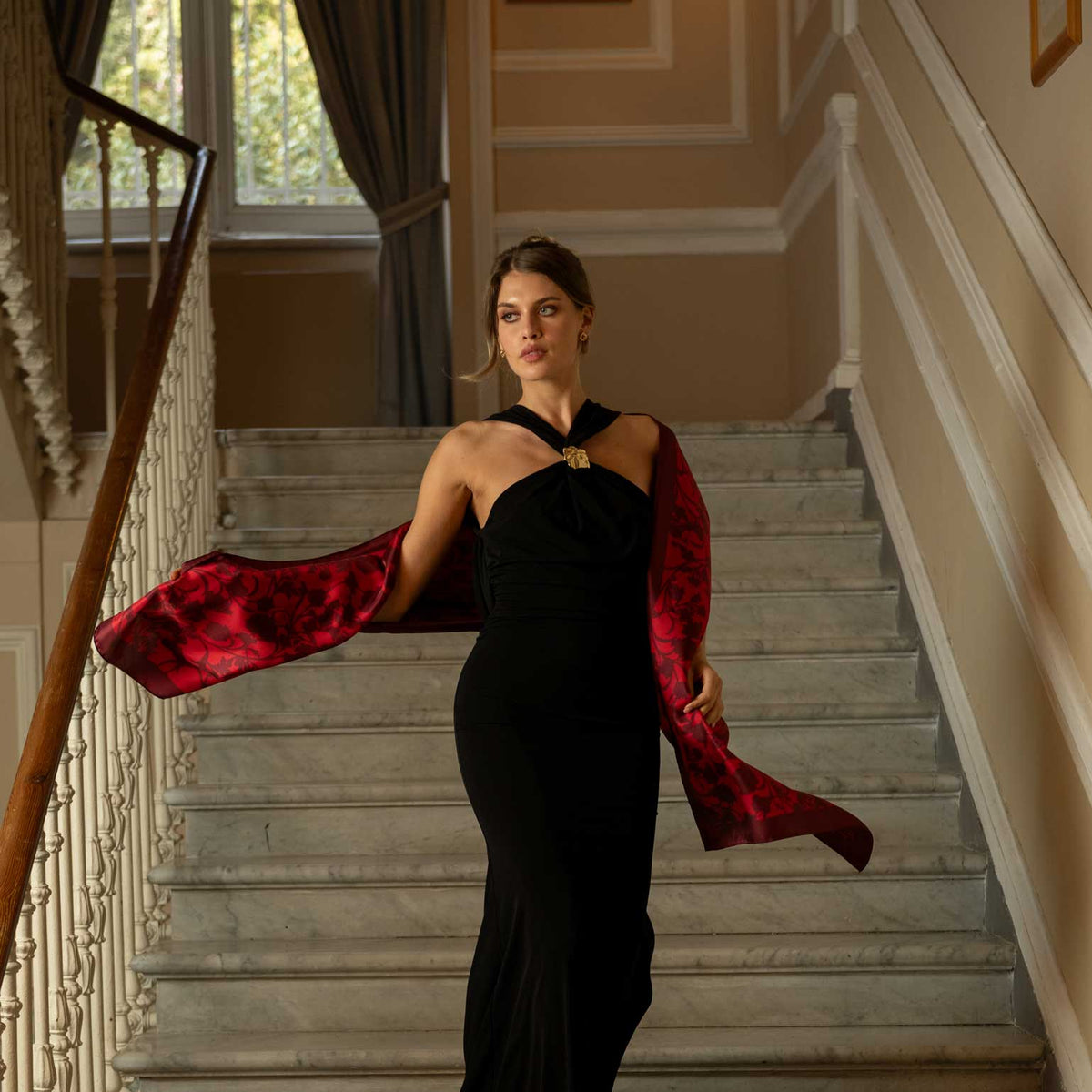 Ruby Red Floral Silk Evening Shawl