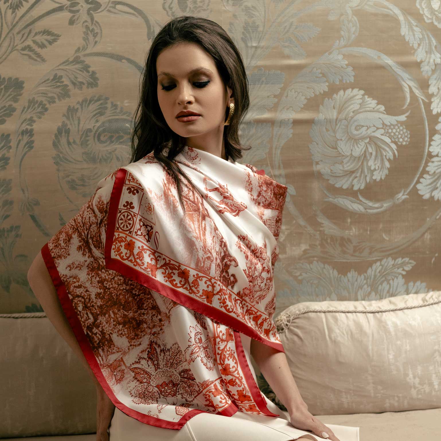Women's Red Toile de Jouy Italian Silk Scarf