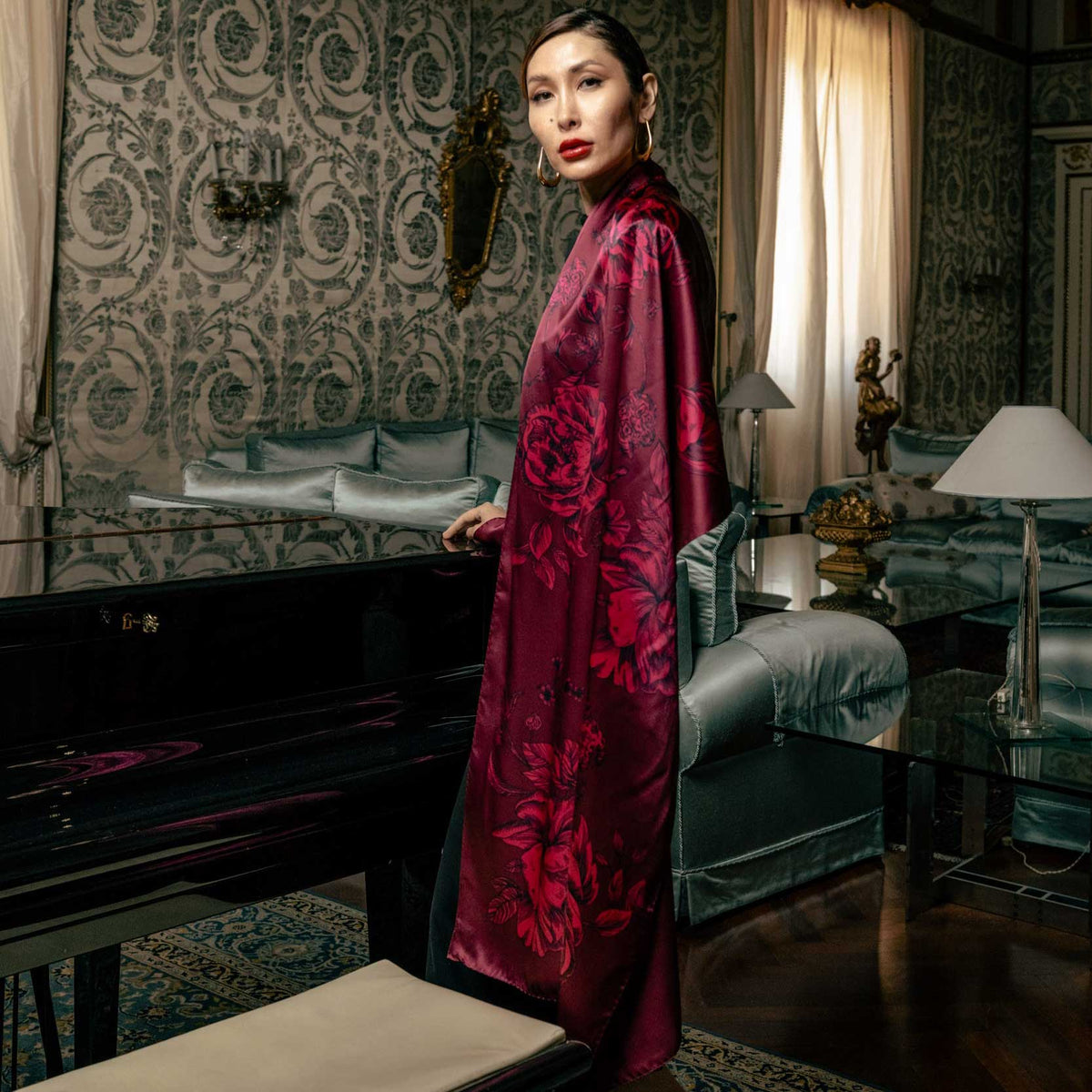 Luxury Italian silk dark red evening scarf shawl
