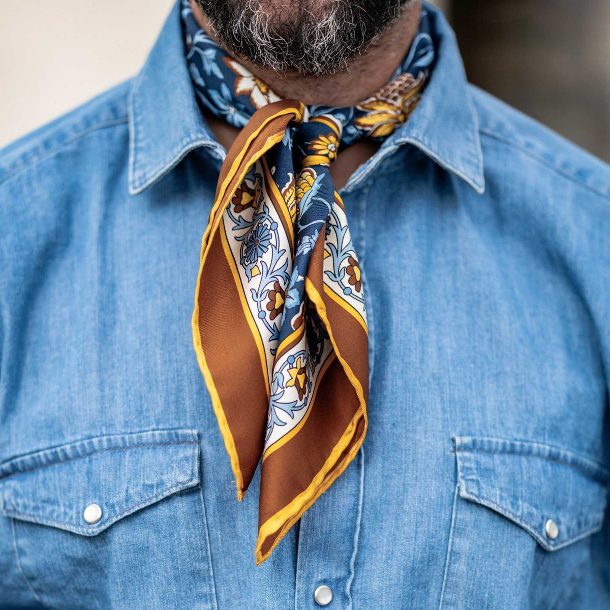 silk neckerchief square scarf in mustard and navy