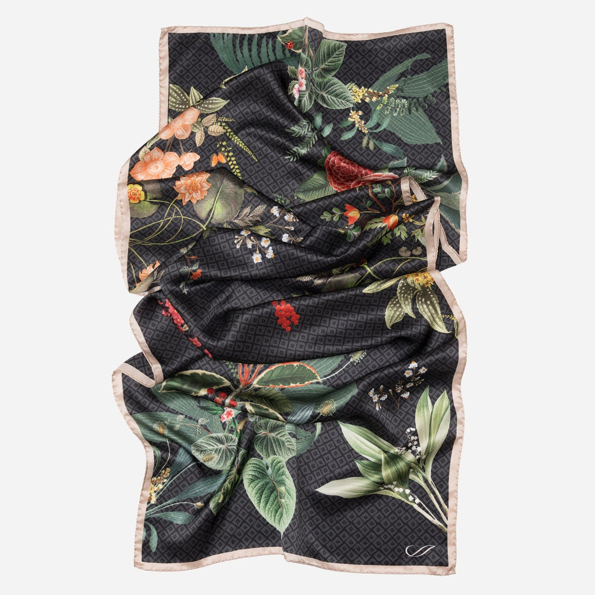 Black Floral Silk Satin Long Scarf