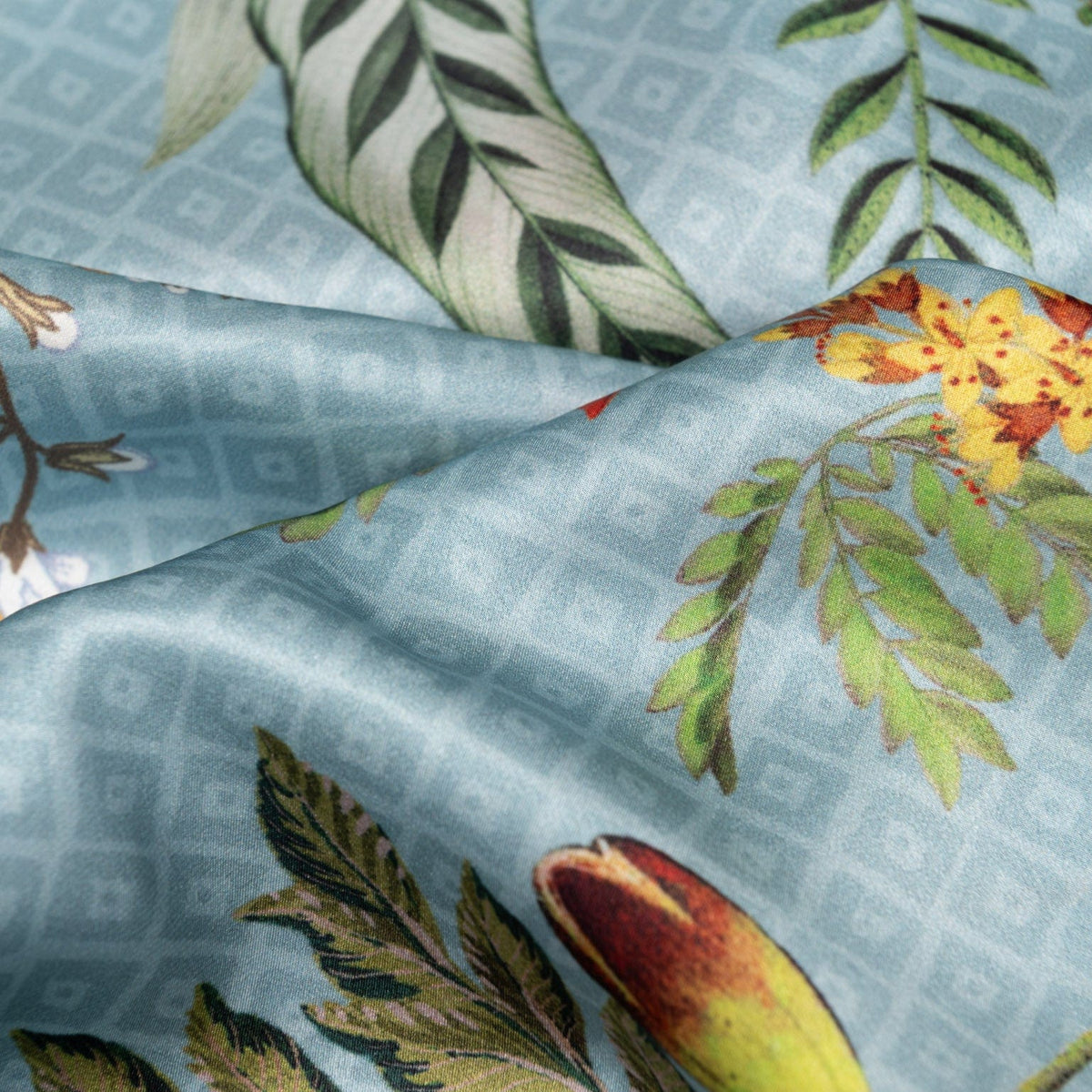 Sky Blue Floral Silk Satin Long Scarf