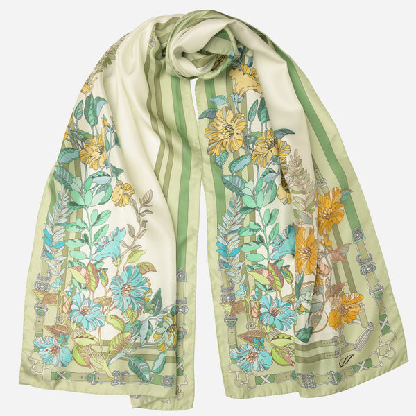 Italian Green Floral Long Silk Scarf