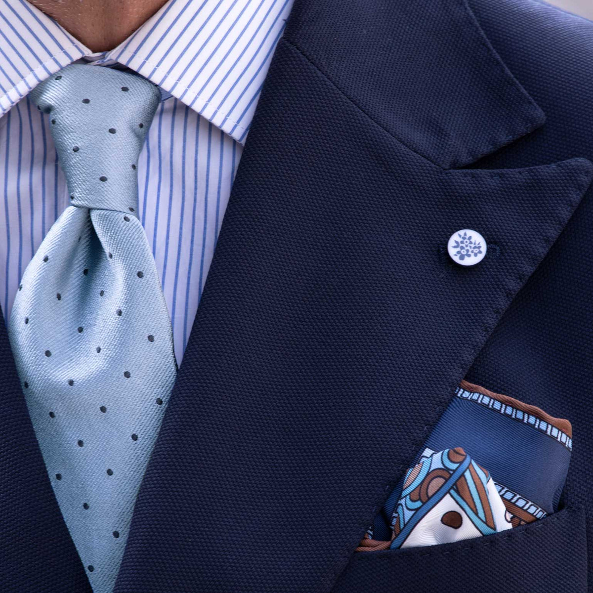 Luxury blue and brown Italian silk pocket square