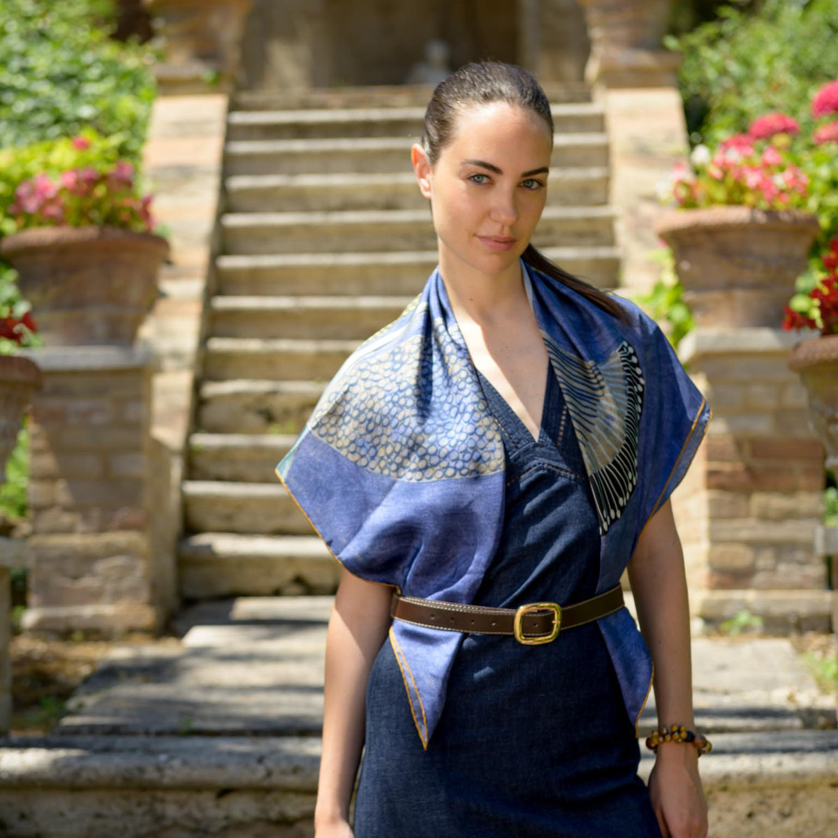 Italian Square Silk Art Scarf - Blue