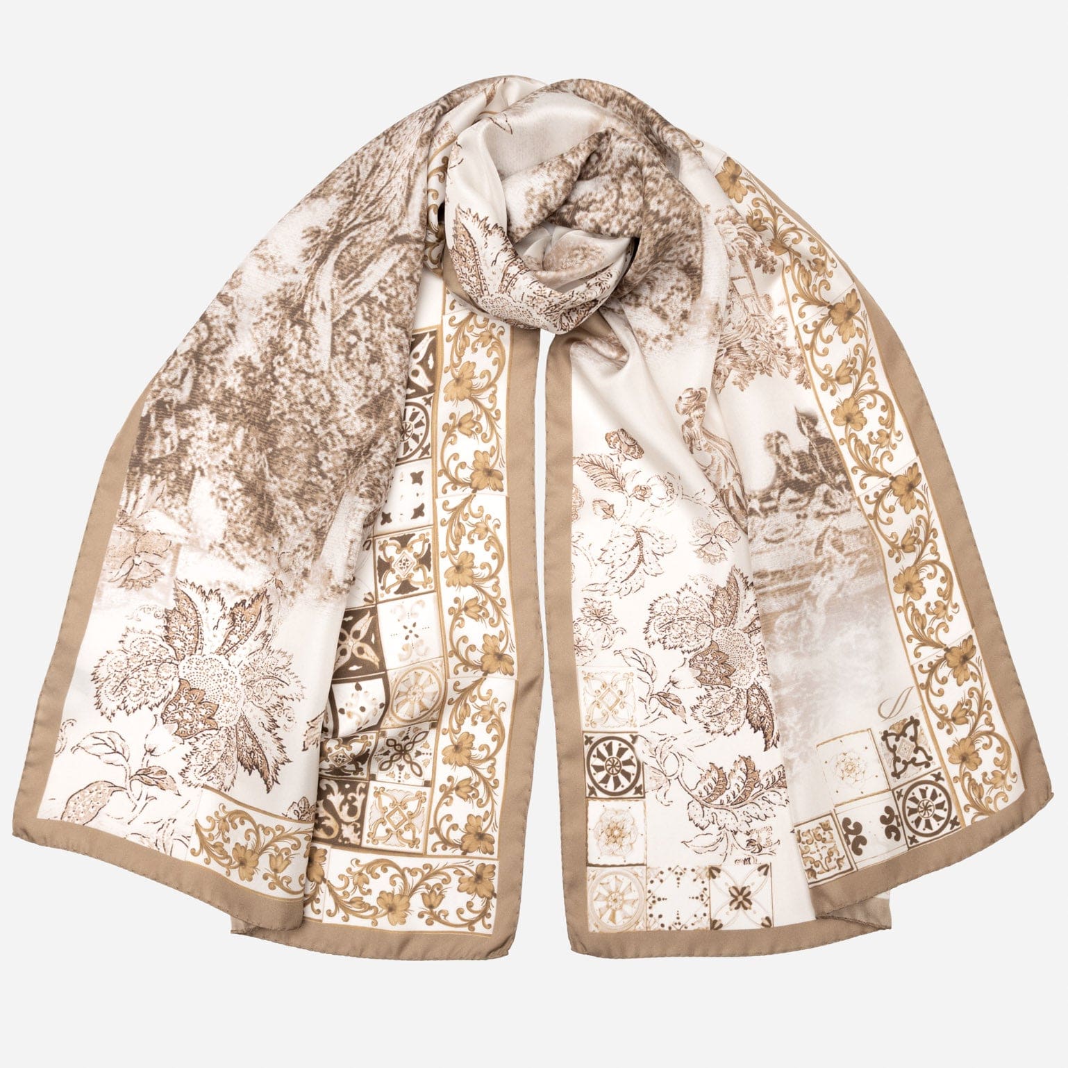Women's Tan Toile de Jouy Silk Scarf