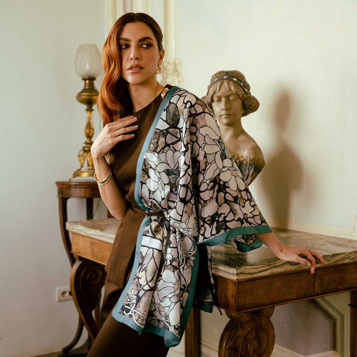 Womens Long Silk Scarf Petrol Blue
