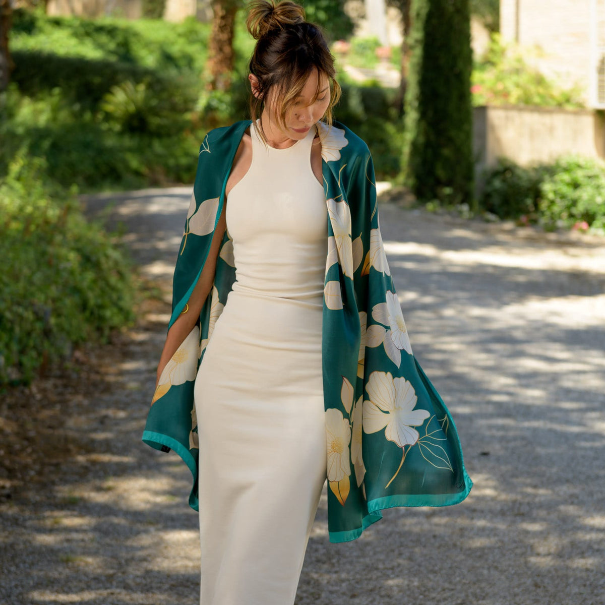 Italian Silk Satin Evening Shawl - Green