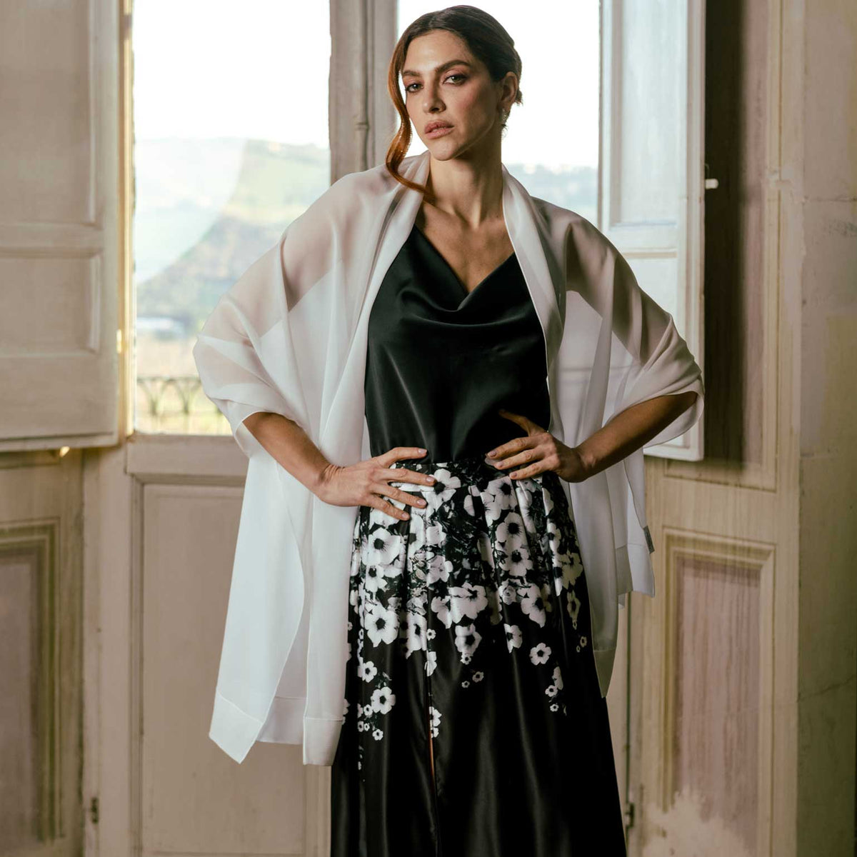 White Large Silk Georgette Wrap Shawl