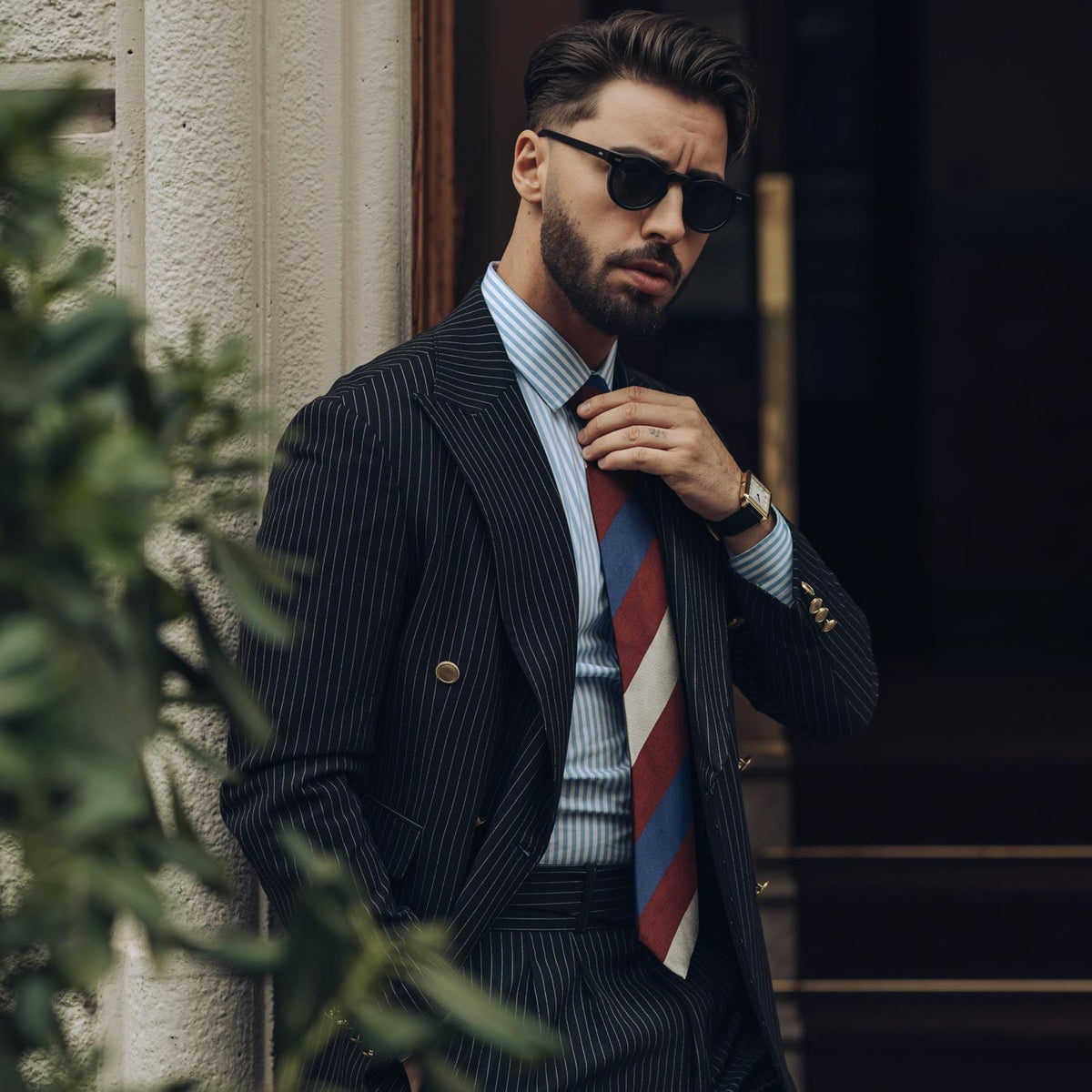 Wide striped blue and burgundy Italian silk tie
