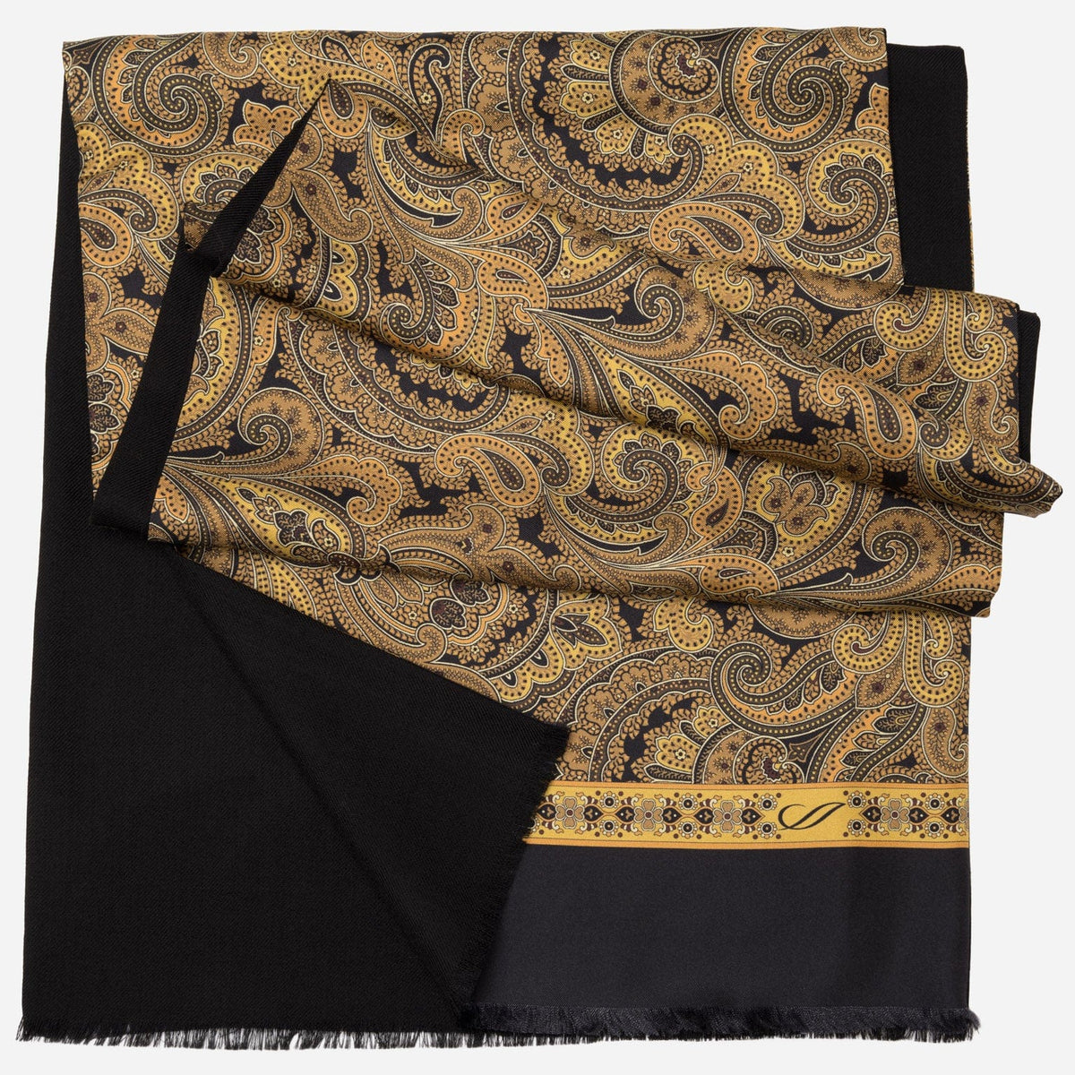 Men&#39;s Gold &amp; Black Paisley Wool Silk Scarf